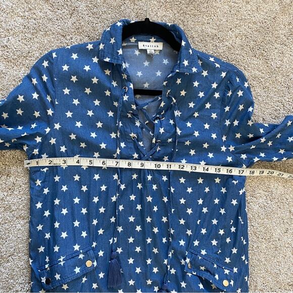 Stellah Blue Denim White 4th of July USA Star Print Boho Tunic Shift Dress XS - Picture 7 of 10